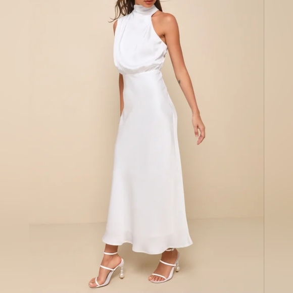 Lulus Distinctive Charm White Satin Asymmetrical Midi Dress, Size Medium - Picture 4 of 10